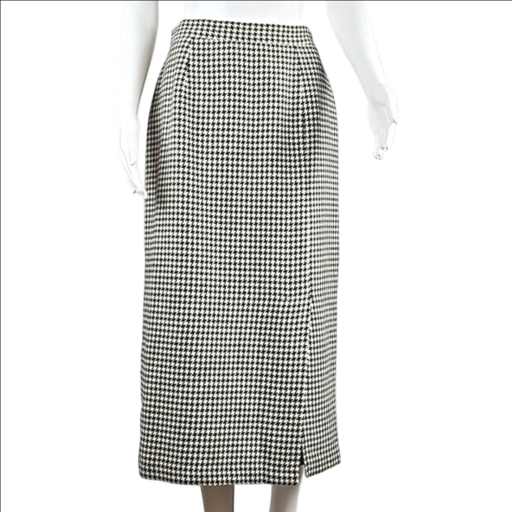 Vintage 80s Fundamental Things Wool Black & White Houndstooth Midi Pencil Skirt